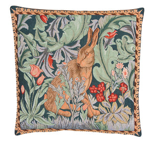 <p>Fine quality cotton jacquard woven tapestry cushion with beige velvet back in William Morris The Hare - facing left - design. Has a concealed zip fastener and removable feather pad.</p>