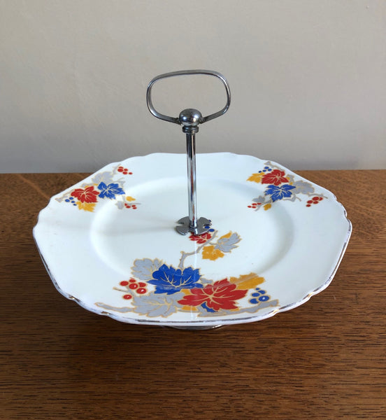Vintage China 1 Tier Cake Stand w/ Chrome Stepped Base - Leaves and Berries