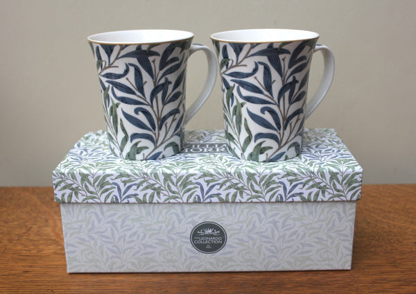 Set of 2 William Morris Willow Bough Fine China Mugs - slightly damaged box