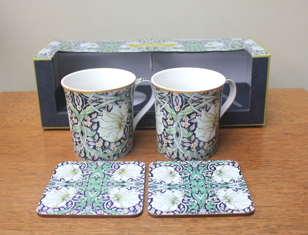 Set of 2 William Morris Pimpernel Black Fine China Mugs w/ 2 coasters