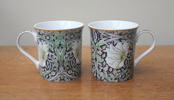 Set of 2 William Morris Pimpernel Black Fine China Mugs w/ 2 coasters