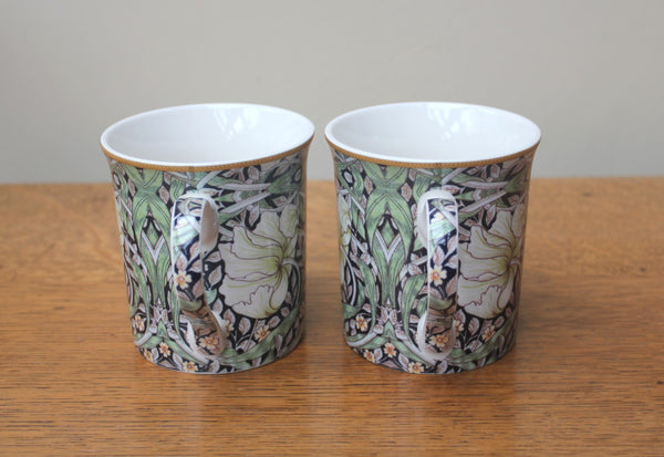 Set of 2 William Morris Pimpernel Black Fine China Mugs w/ 2 coasters