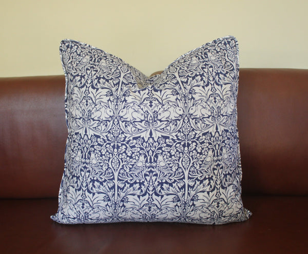 William Morris Brother Rabbit Blue Piped Edge Cushion Cover
