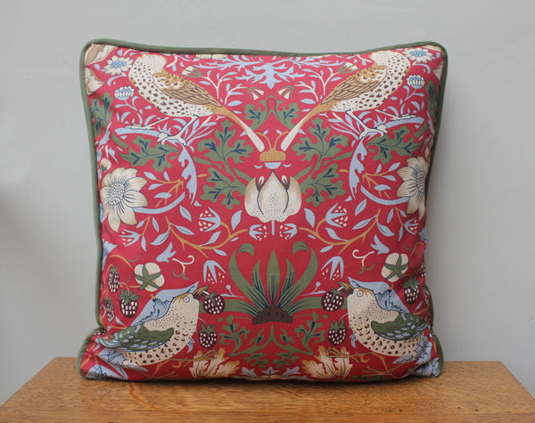 William Morris Strawberry Thief Red Cushion Cover - Piped Edge Velvet Back