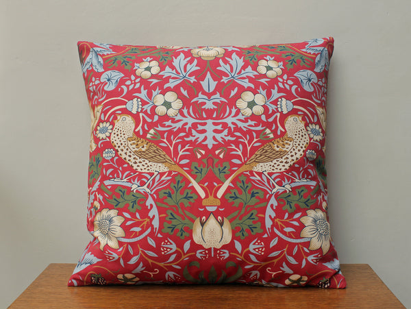 William Morris Strawberry Thief Red Brown Birds Cushion Cover