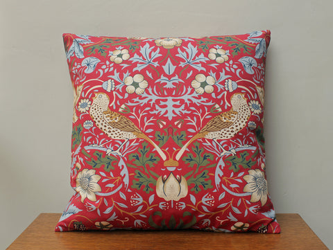 William Morris Strawberry Thief Red Brown Birds Cushion Cover