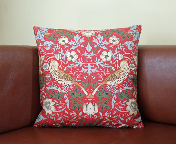 William Morris Strawberry Thief Red Brown Birds Cushion Cover