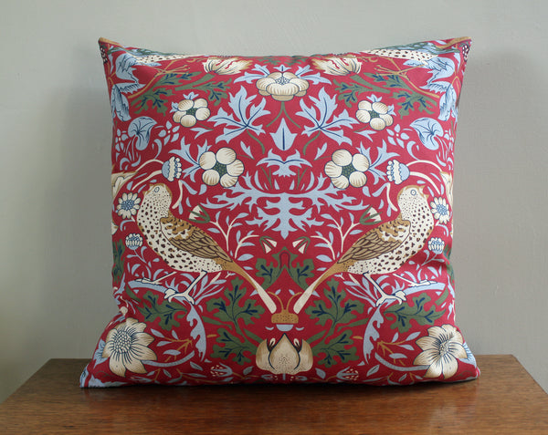 William Morris Strawberry Thief Red Brown Birds Cushion Cover