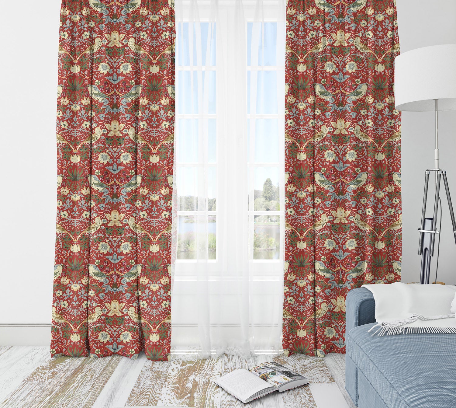 William Morris Strawberry Thief Major Red Lined Curtains 190 cm x 228 cm