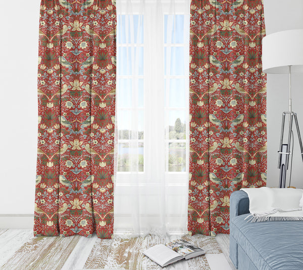 William Morris Strawberry Thief Major Red Lined Curtains 190 cm x 228 cm