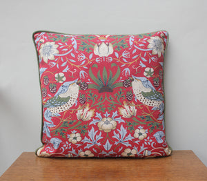 William Morris Strawberry Thief Red Cushion Cover - Piped Edge Velvet Back
