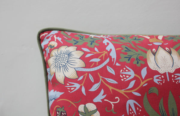 William Morris Strawberry Thief Red Cushion Cover - Piped Edge Velvet Back