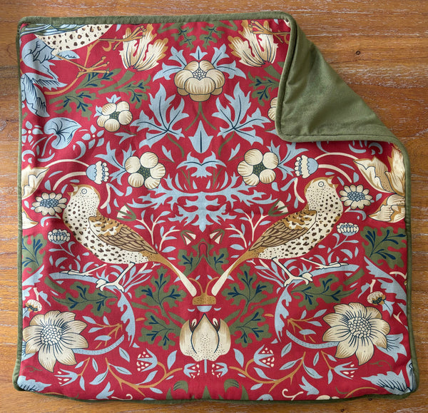 William Morris Strawberry Thief Red Cushion Cover - Piped Edge Velvet Back