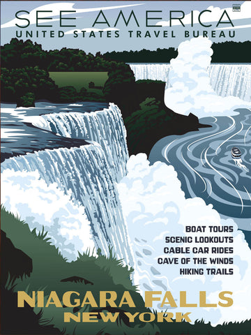 <p>This is a faithful reproduction of a 1930s vintage poster for the United States Travel Bureau promoting Niagara Falls.</p>