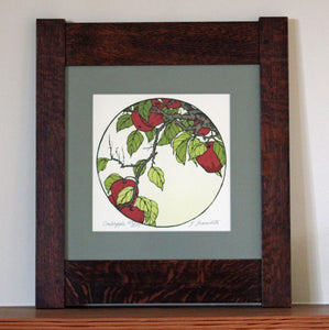 <p>Stunning signed  limited edition framed block print of a Crabapple branch in an Arts and Crafts era inspired design. As though looking through a Chinese moon gate  this decorative circle block print takes us into the natural world around us.</p>