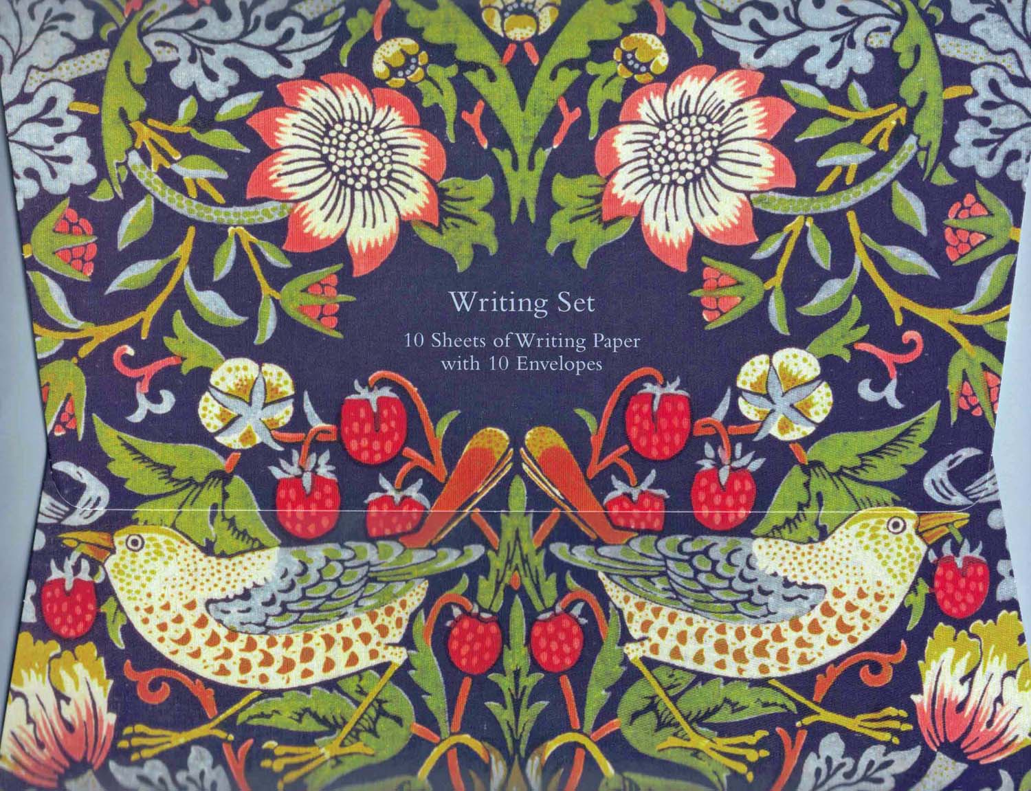 <p>Writing set of William Morris "Strawberry Thief" design (1883) containing 10 sheets of high quality A5 printed writing paper with 10 envelopes encased in an attractive matt laminate folder (7 3/8" x 9.5").</p>
