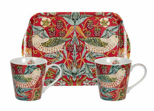 <p>Charming small fine bone china mugs and melamine tray set in the Strawberry Thief red design as part of the Pimpernel's William Morris range.</p>