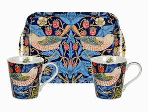 <p>Charming small fine bone china mugs and melamine tray set in the Strawberry Thief blue design as part of the Pimpernel's William Morris range.</p>
