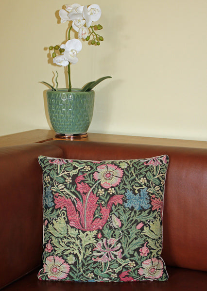 <p>Fine quality cotton jacquard loom woven tapestry cushion with beige linen back in Morris & Co. Compton design. Has a concealed zip-fastener and removable feather pad.</p>