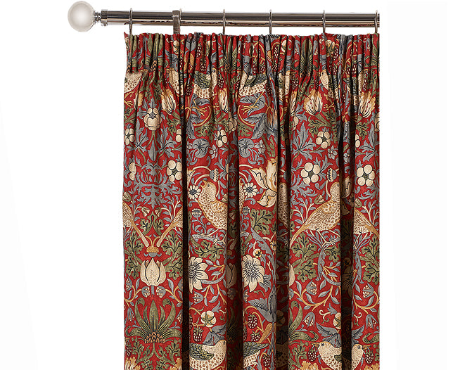 Pair of William Morris Strawberry Thief Crimson Lined Curtains in 3 lengths