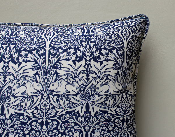 William Morris Brother Rabbit Blue Piped Edge Cushion Cover