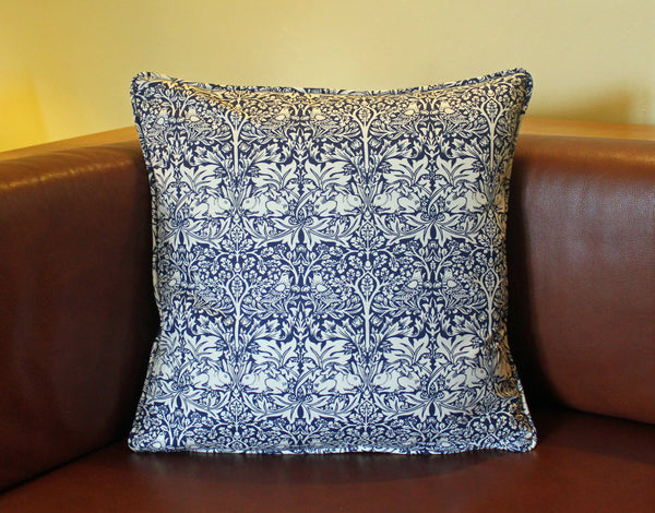William Morris Brother Rabbit Blue Piped Edge Cushion Cover