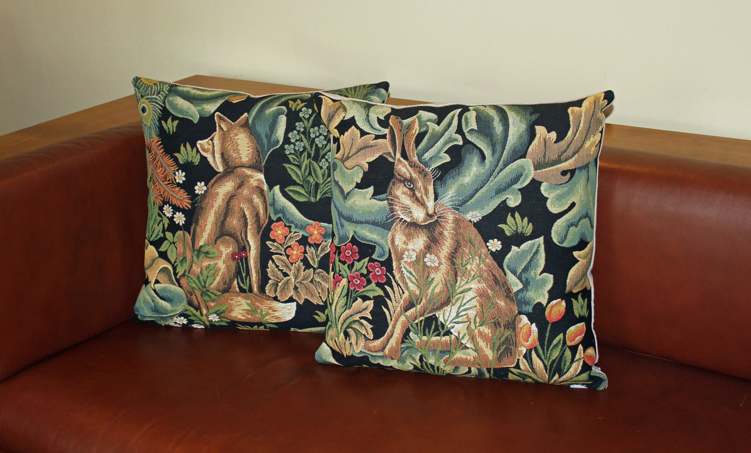 Pair of William Morris Forest Hare & Fox Tapestry Cushions 18"