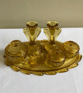 Vintage Art Deco Pressed Amber Glass Dressing Table Set: 7 Pieces