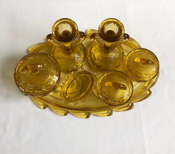 Vintage Art Deco Pressed Amber Glass Dressing Table Set: 7 Pieces