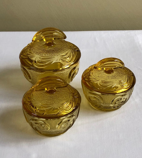 Vintage Art Deco Pressed Amber Glass Dressing Table Set: 7 Pieces