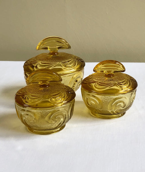 Vintage Art Deco Pressed Amber Glass Dressing Table Set: 7 Pieces