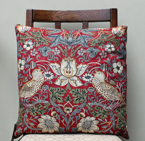 William Morris Strawberry Thief Crimson Brown Birds Cushion Cover