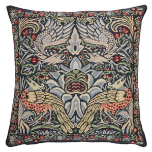 <p>Fine quality jacquard loom woven tapestry cushion with a beige velvet back in the blue Peacock and Dragon design by William Morris.</p>