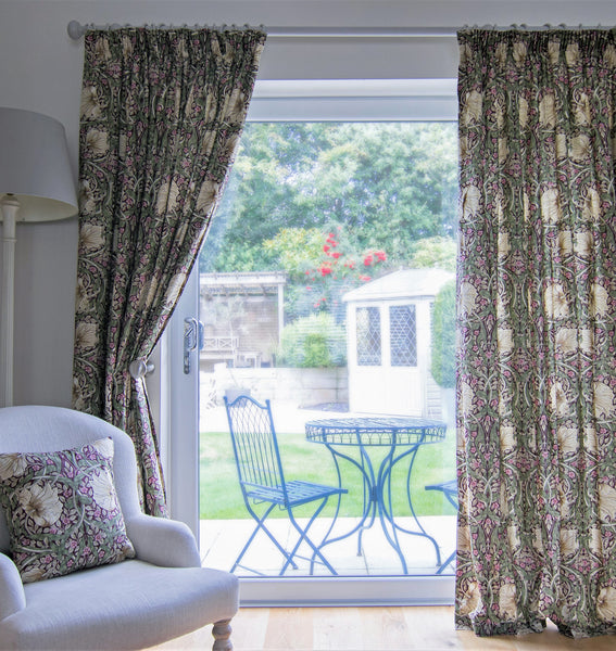 Pair of Pimpernel Aubergine Lined Curtains in 3 lengths - Morris & Co. fabric