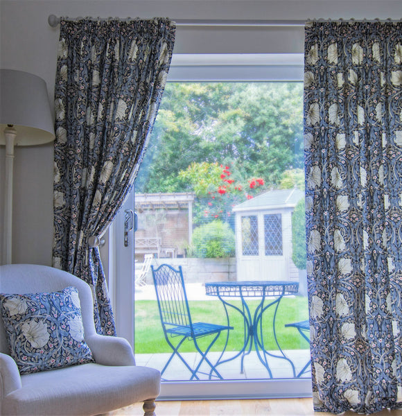 Pair of William Morris Pimpernel Blue Lined Curtains in 3 lengths