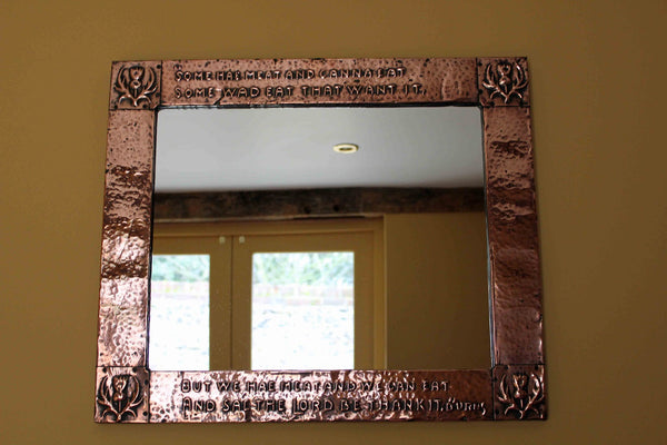 <p>Stunning antique hammered copper Arts and Crafts mirror with embossed verse by Robert Burns.</p>