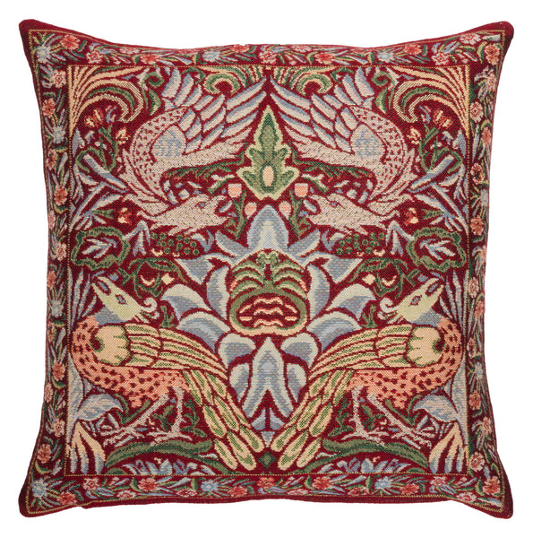 <p>Fine quality jacquard loom woven tapestry cushion with a beige velvet back in the red Peacock and Dragon design by William Morris.</p>