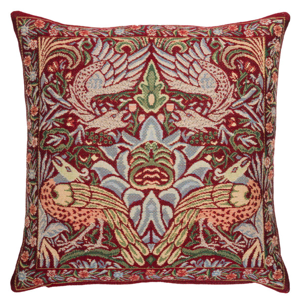 <p>Fine quality jacquard loom woven tapestry cushion with a beige velvet back in the red Peacock and Dragon design by William Morris.</p>