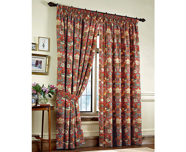 Pair of William Morris Strawberry Thief Crimson Lined Curtains in 3 lengths