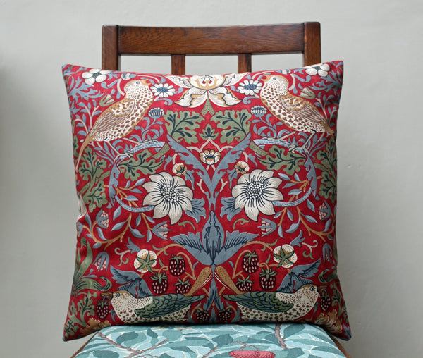 William Morris Strawberry Thief Crimson Cushion Cover: Morris & Co fabric