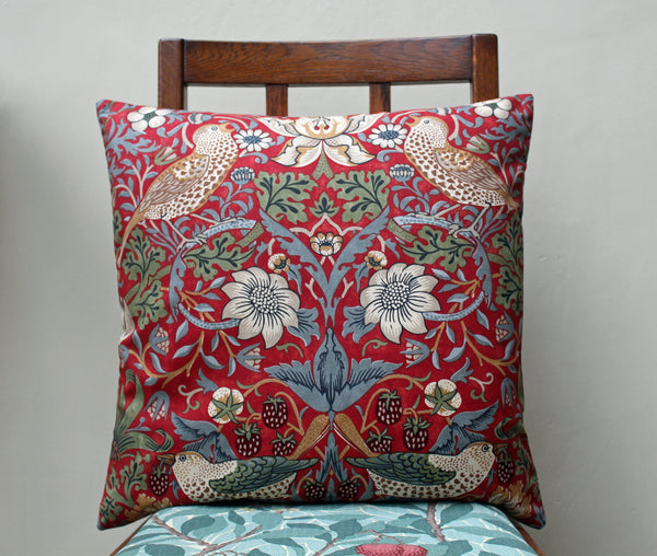 William Morris Strawberry Thief Crimson Cushion: Morris & Co fabric