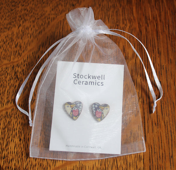 Stockwell Ceramics Strawberry Thief Heart Stud Earrings