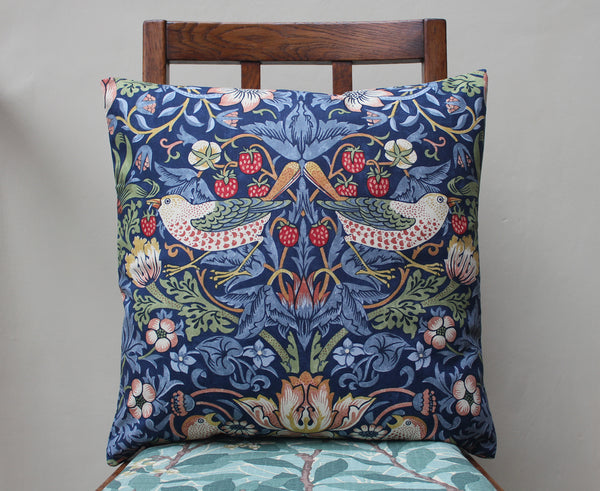 William Morris Strawberry Thief Indigo Cushion: Morris & Co. fabric