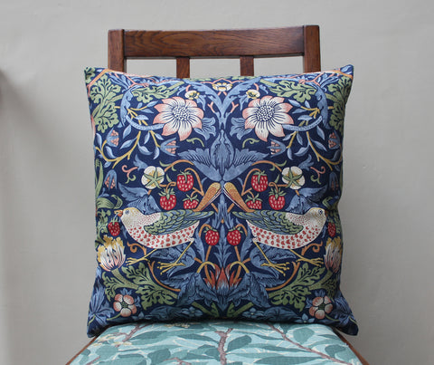 William Morris Strawberry Thief Indigo Cushion: Morris & Co. fabric