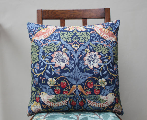 William Morris Strawberry Thief Indigo Cushion: Morris & Co. fabric