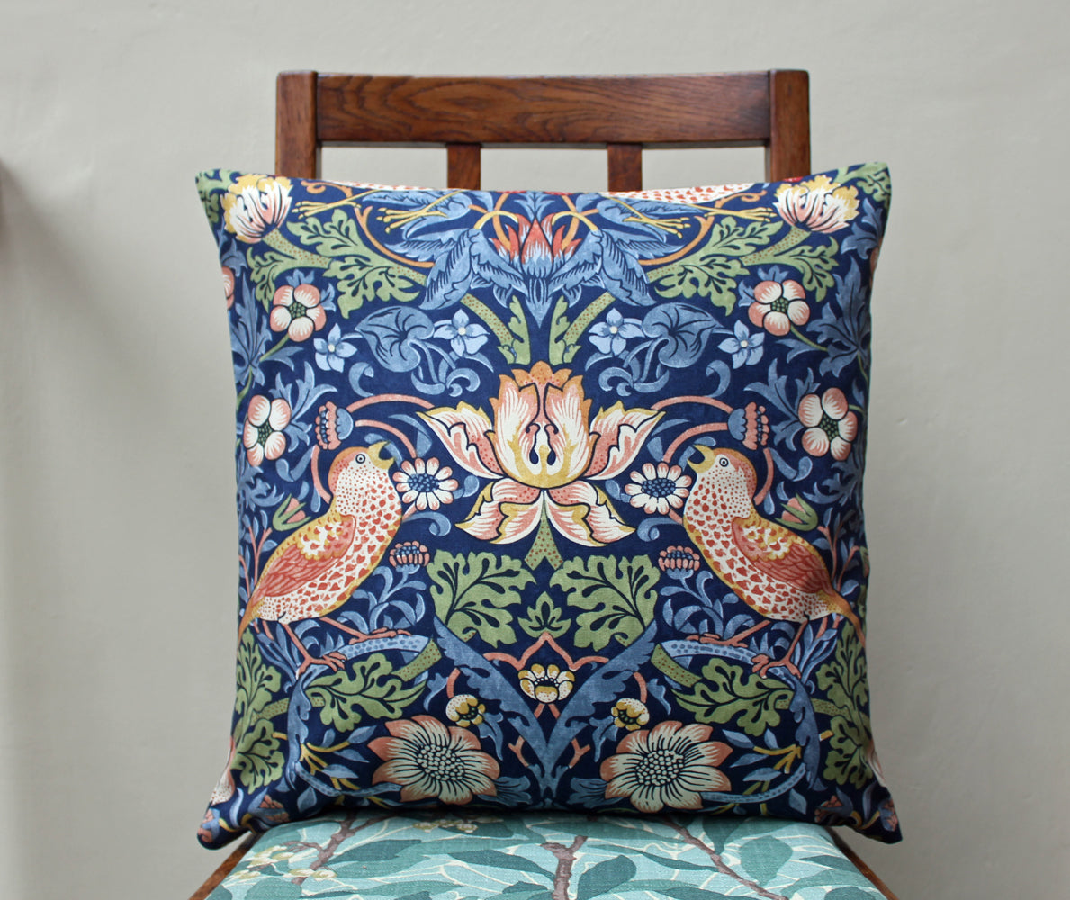 William Morris Strawberry Thief Indigo Brown Birds Cushion Cover