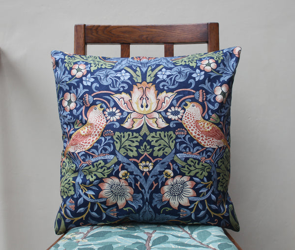 William Morris Strawberry Thief Indigo Brown Birds Cushion Cover