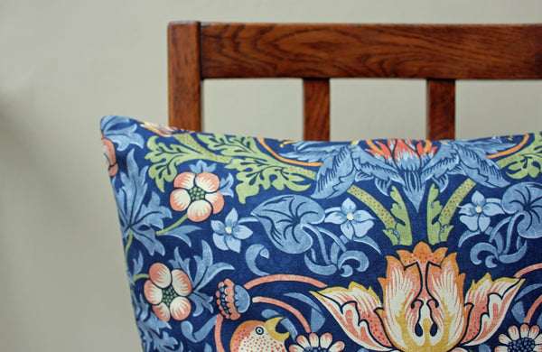 William Morris Strawberry Thief Indigo Brown Birds Cushion Cover