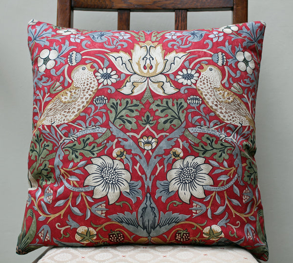 William Morris Strawberry Thief Crimson Brown Birds Cushion Cover